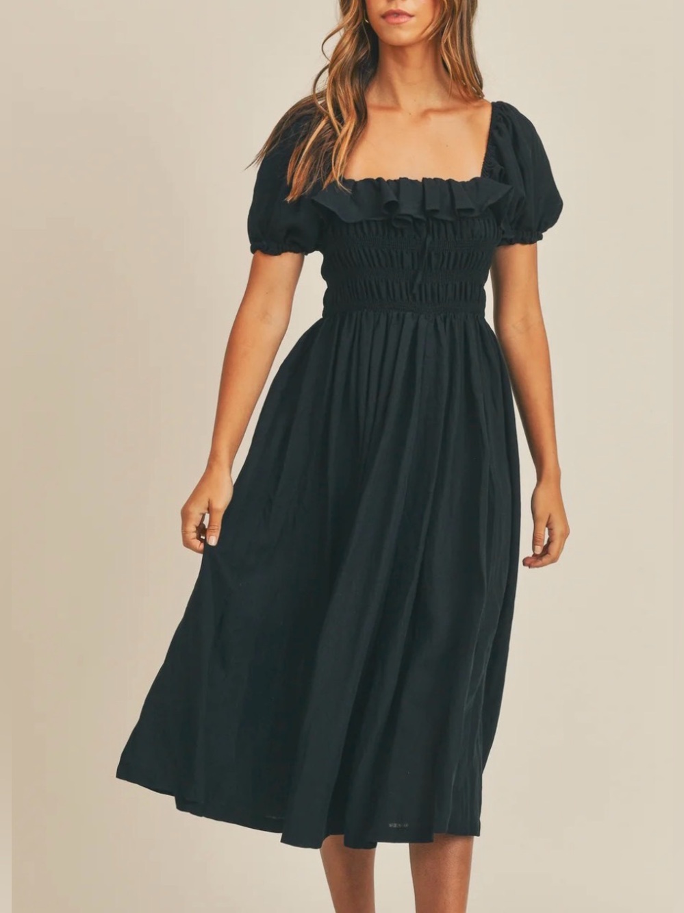 NEW Mable size large Black Smocked Midi Dress with Ruffled Square Neck